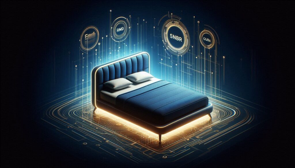 Smart bed with stock tickers, illustrating how to invest in sleep tech stocks for beginners in 2025.