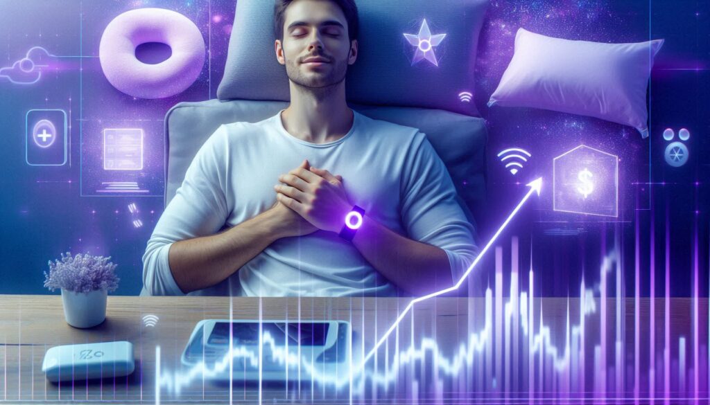 Beginner investor with sleep tech devices in the background, explaining how to invest in sleep tech stocks for beginners in 2025.