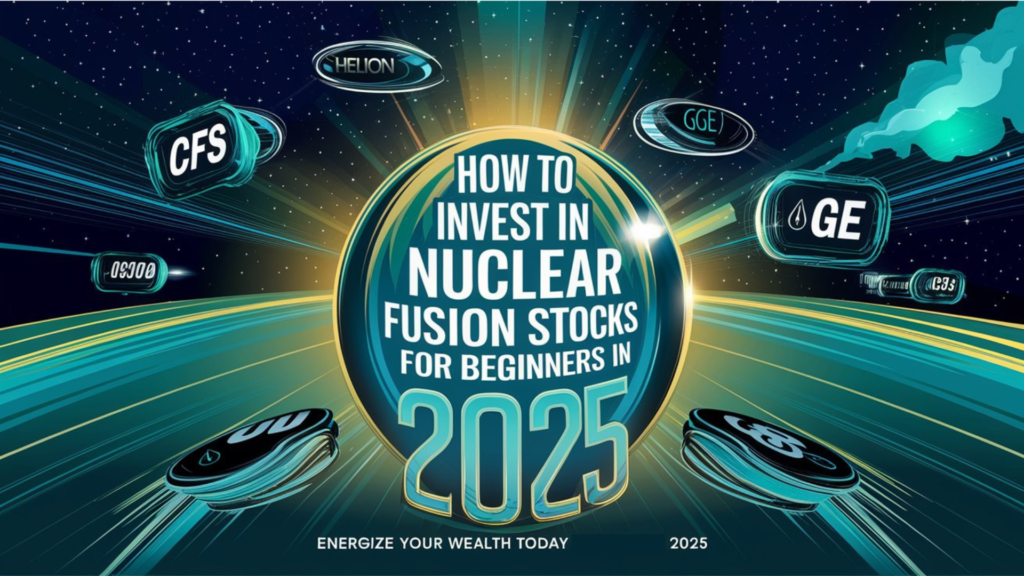 Fusion reactor with stock tickers, titled How to Invest in Nuclear Fusion Stocks for Beginners in 2025, your guide to profits starting March 18, 2025.