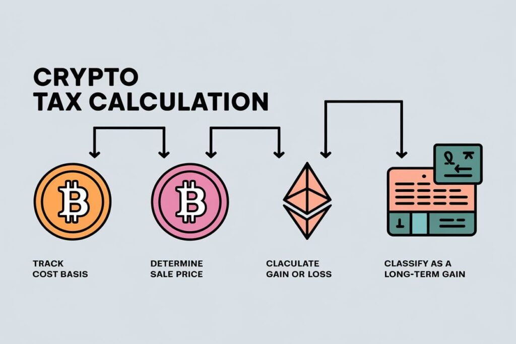 Infographic showing crypto tax calculation steps, a key part of how to navigate crypto taxes in 2025 for beginners.