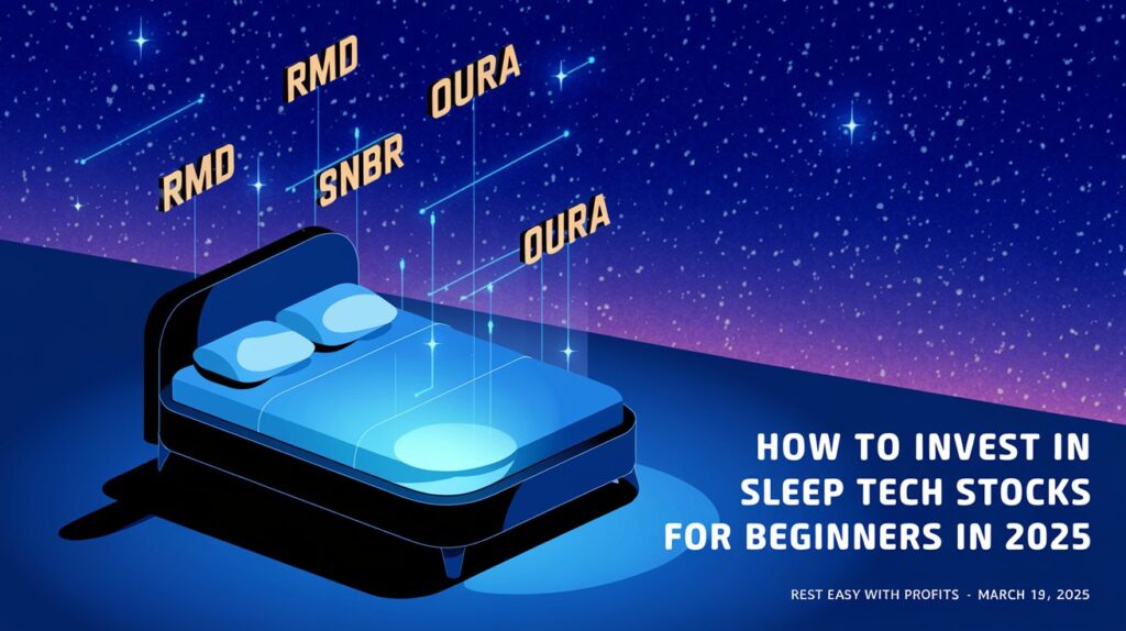Smart bed with stock tickers, titled How to Invest in Sleep Tech Stocks for Beginners in 2025, your guide to profits starting March 19, 2025.