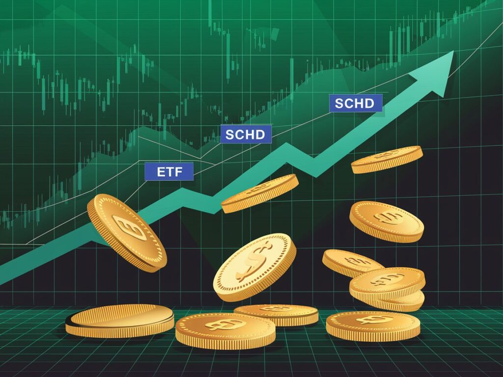 ETF chart with dividend coins, showing passive income with dividend ETFs in 2025.