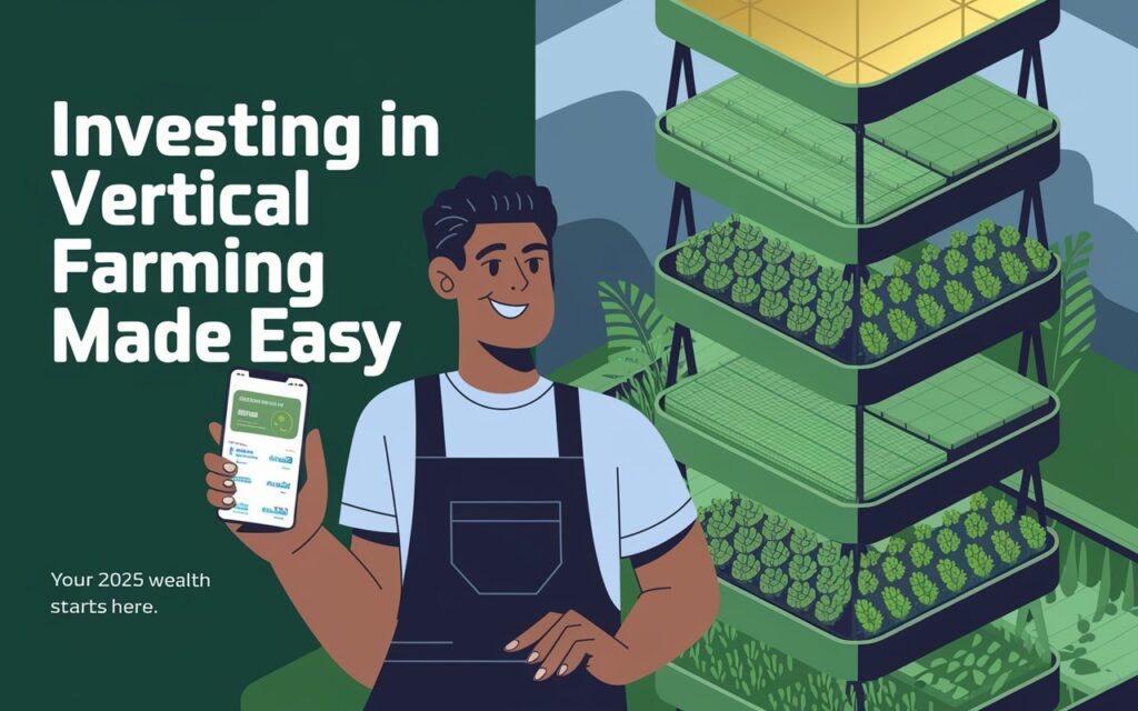 Beginner investor with smartphone and vertical farm backdrop, showing how to profit from vertical farming stocks in 2025 easily.