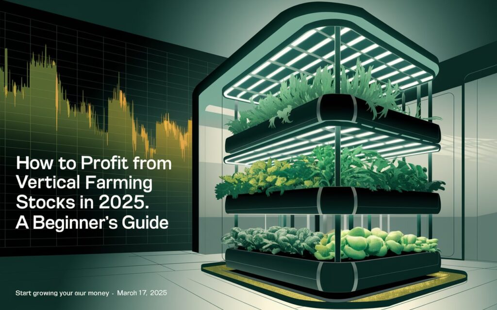Vertical farm with stock chart, titled How to Profit from Vertical Farming Stocks in 2025: A Beginner’s Guide, your path to wealth starting 2025