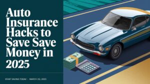 Car with cash and calculator, titled Auto Insurance Hacks to Save Money in 2025, your beginner’s guide starting March 30, 2025.