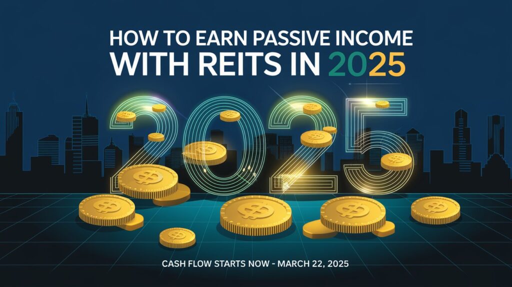 City skyline with REIT dividends, titled How to Earn Passive Income with REITs in 2025, your guide to profits starting March 22, 2025.