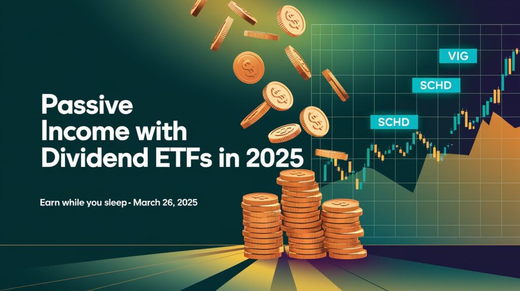 ETF chart with coins, titled Passive Income with Dividend ETFs in 2025, your guide to profits starting March 26, 2025