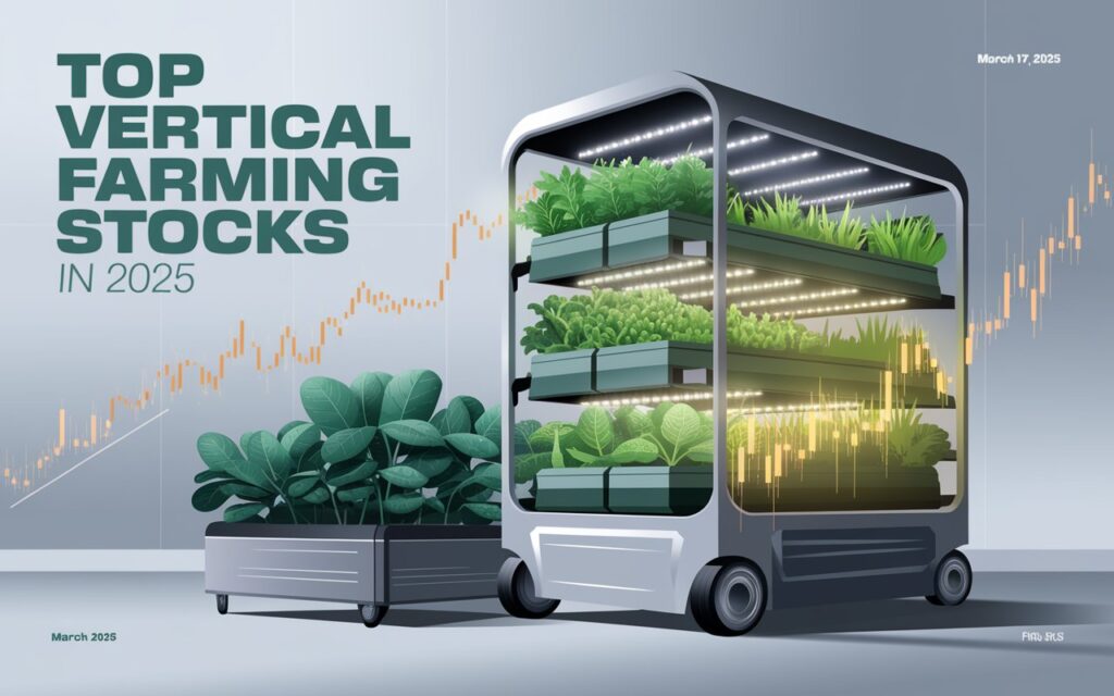 Vertical farm with stock tickers and chart, illustrating how to profit from vertical farming stocks in 2025 for beginners.