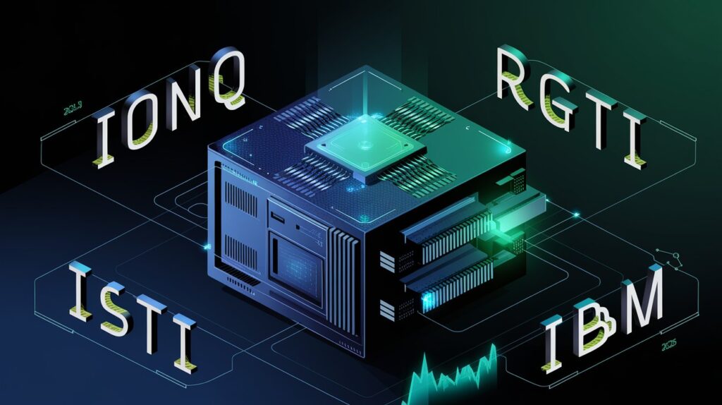 Quantum computer with stock tickers, showcasing how to invest in quantum computing stocks for beginners in 2025.
