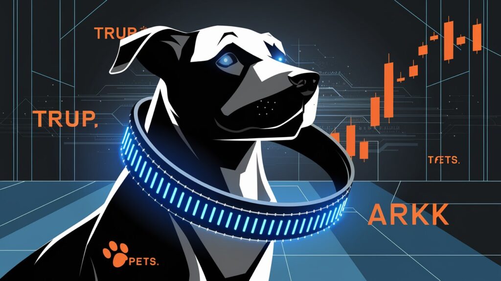 Smart pet collar with stock tickers, showing how to invest in pet tech stocks for beginners in 2025.