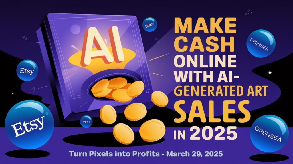 AI canvas with coins, titled Make Cash Online with AI-Generated Art Sales in 2025, your guide to profits starting March 29, 2025.