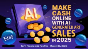 AI canvas with coins, titled Make Cash Online with AI-Generated Art Sales in 2025, your guide to profits starting March 29, 2025.