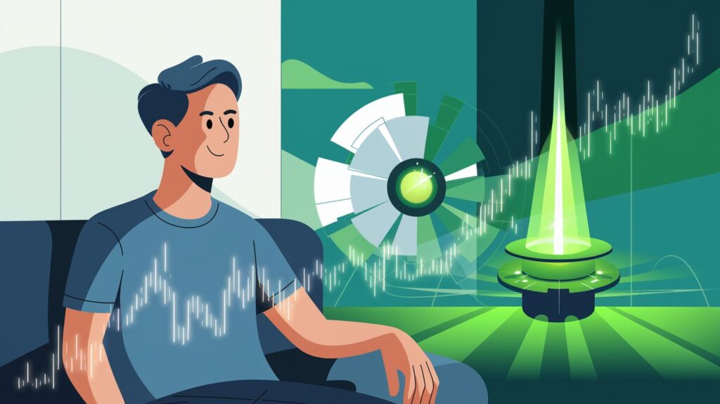Beginner investor with a fusion reactor in the background, showing how to invest in nuclear fusion stocks for beginners in 2025.