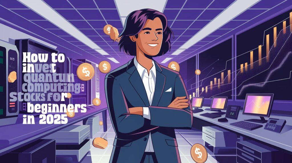Beginner investor with quantum computing tech in the background, explaining how to invest in quantum computing stocks for beginners in 2025.