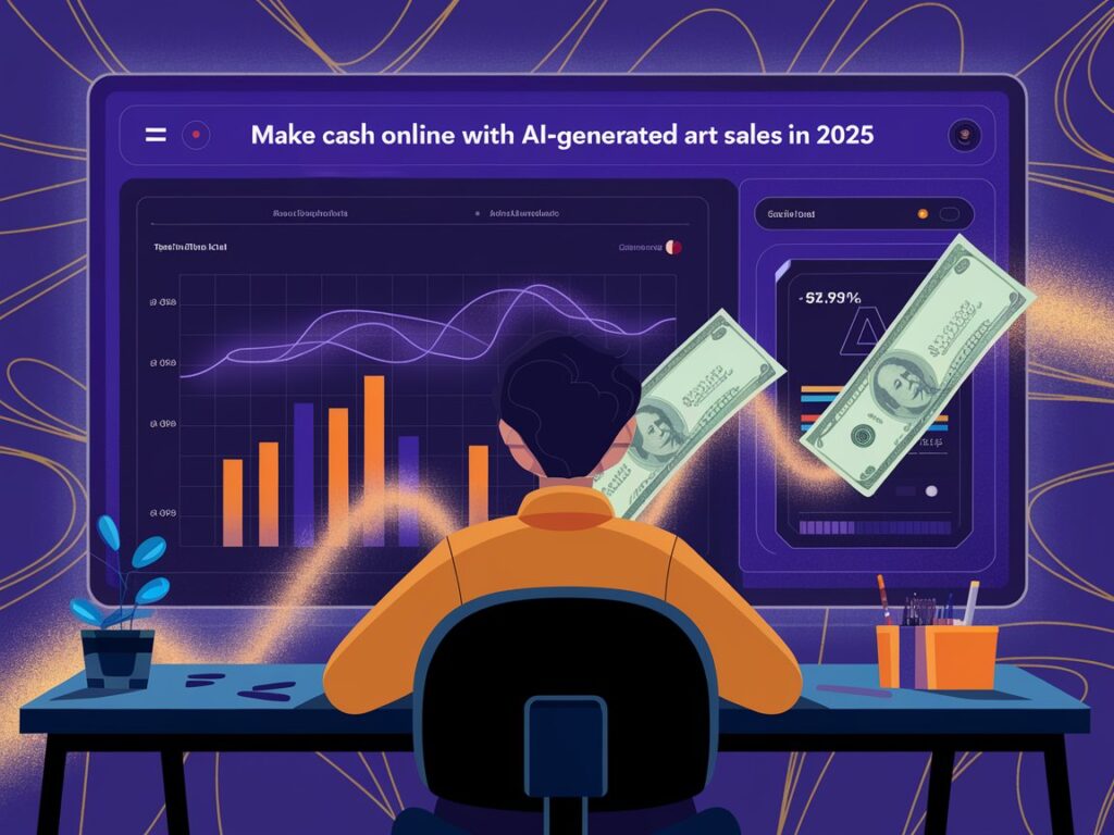 Artist with AI art sales dashboard, explaining make cash online with AI-generated art sales in 2025.
