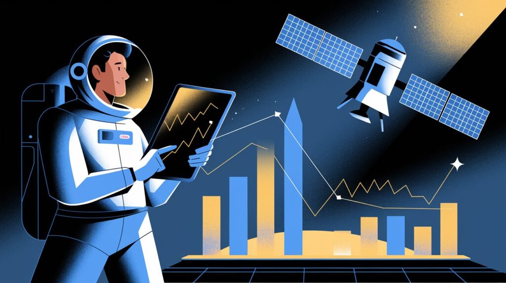 Investor with satellite backdrop, explaining how to profit from space economy stocks in 2025.