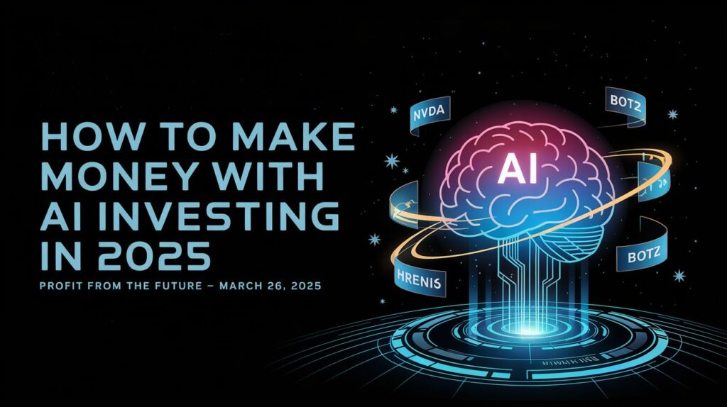 AI brain with stock tickers, titled How to Make Money with AI Investing in 2025, your guide to profits starting March 26, 2025.