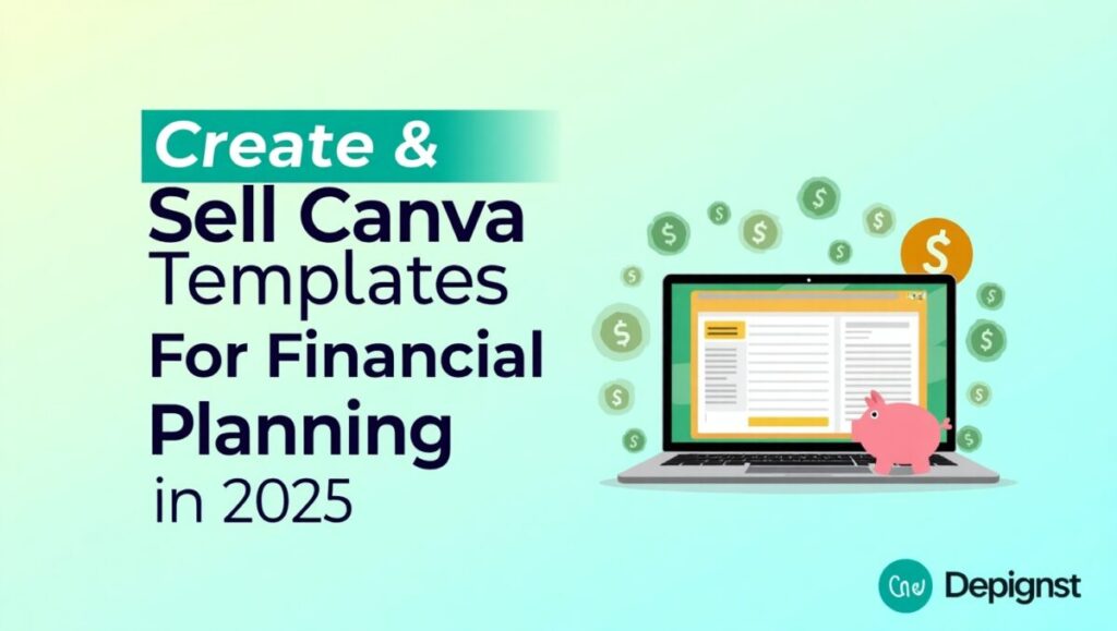 Laptop with Canva financial template and piggy bank, titled Creating and Selling Canva Templates for Financial Planning in 2025, your guide to profits as of April 9, 2025.