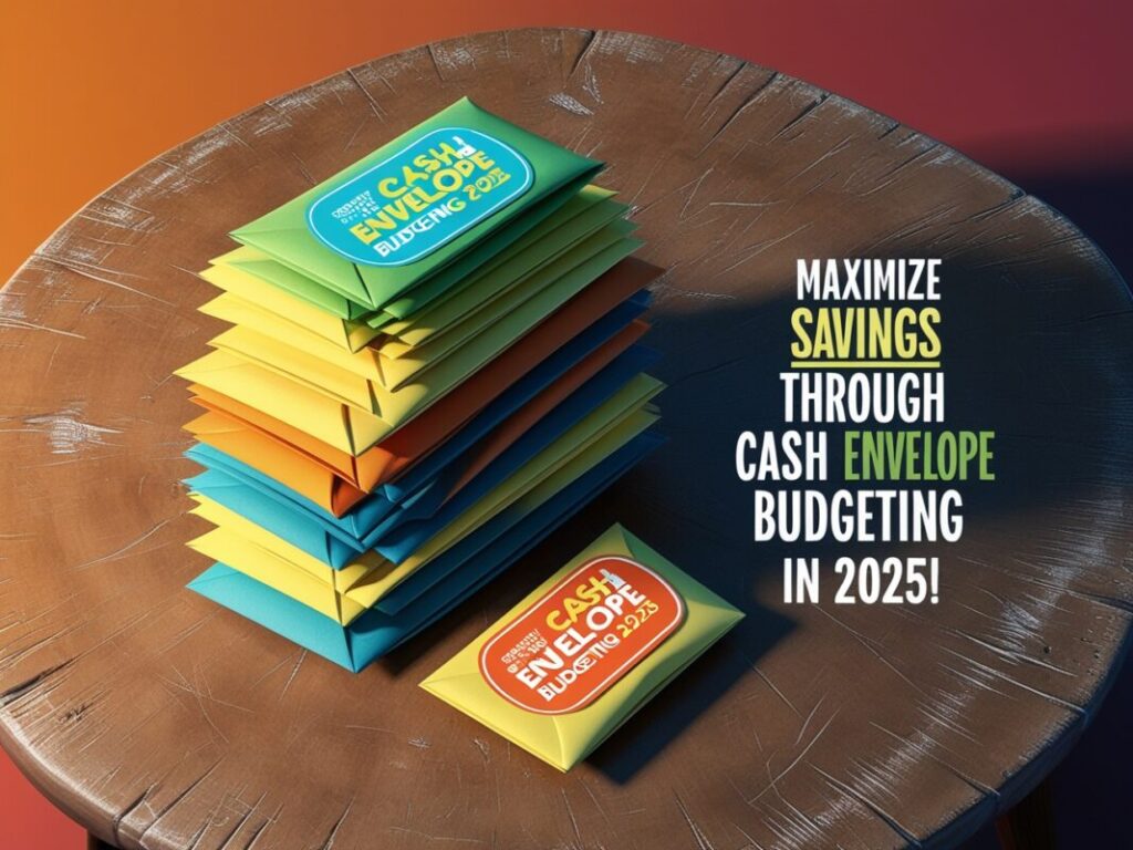 Stack of labeled cash envelopes on a wooden table, showcasing how to maximize savings with cash envelope budgeting in 2025