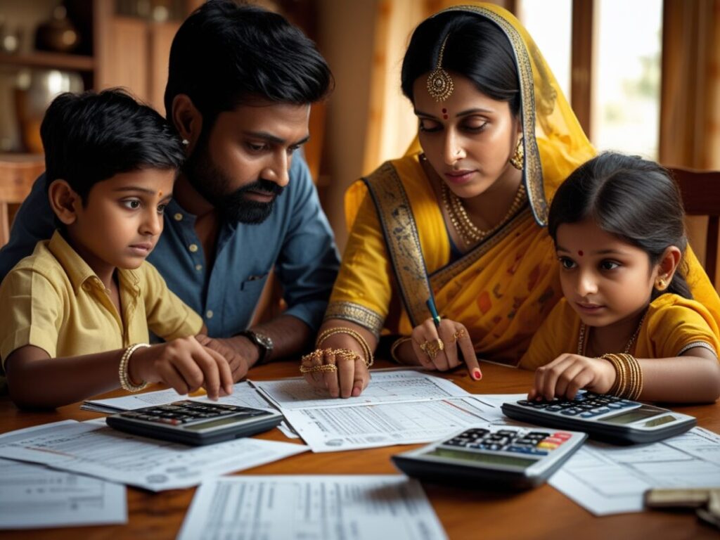Indian family planning finances with tax documents, reflecting decoding India new income tax rules FY 2025-26