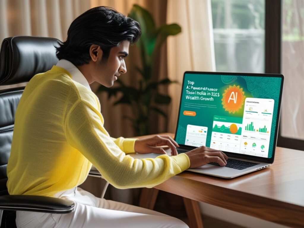 Indian user exploring an AI-powered finance app, showcasing top AI-powered finance tools in India for 2025 wealth growth