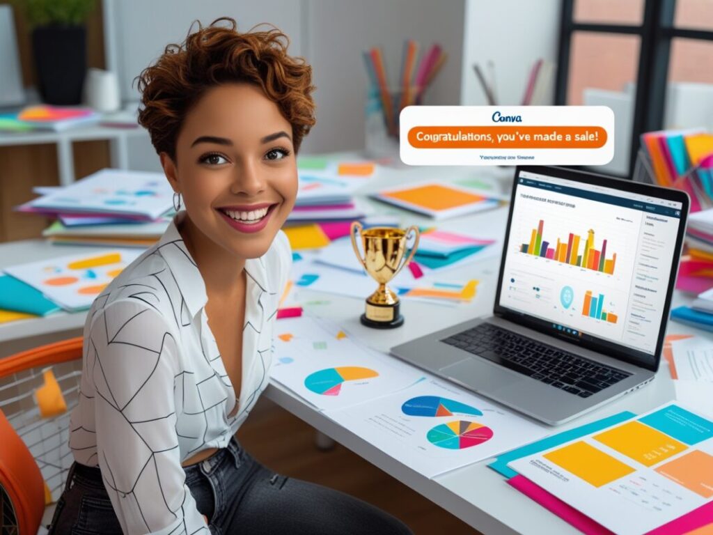 Designer counting cash from Canva sales, highlighting creating and selling Canva templates for financial planning in 2025