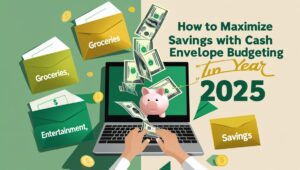 Laptop with cash flowing into a piggy bank and labeled envelopes, titled How to Maximize Savings with Cash Envelope Budgeting in 2025, your guide to smart saving.