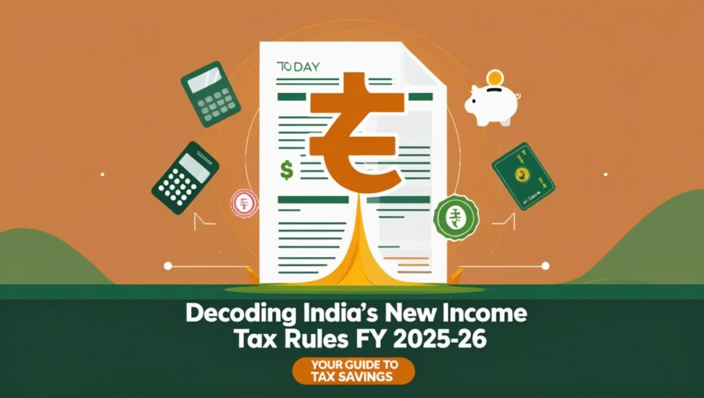 Indian rupee symbol rising from a tax document with financial icons, titled Decoding India New Income Tax Rules FY 2025-26, your guide to tax savings.