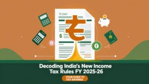 Indian rupee symbol rising from a tax document with financial icons, titled Decoding India New Income Tax Rules FY 2025-26, your guide to tax savings.