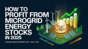 Microgrid hub with stock chart, titled How to Profit from Microgrid Energy Stocks in 2025, your guide as of April 3, 2025.