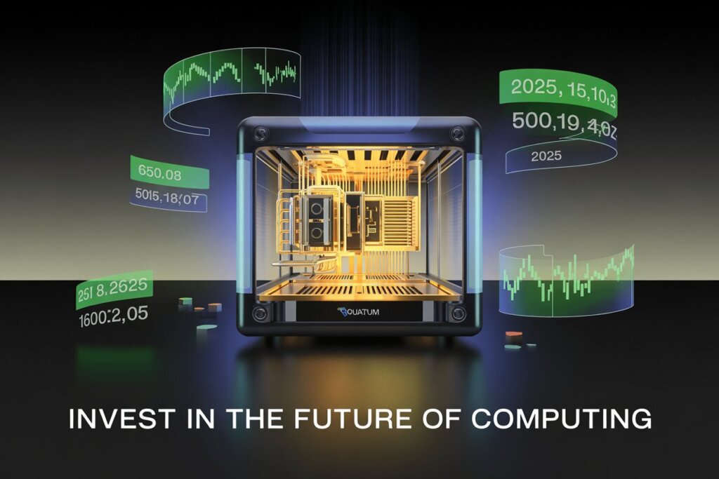 Quantum computer glowing with stock tickers, showcasing how to invest in quantum computing stocks in 2025