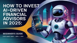 Robot with smartphone showing stock chart, titled How to Invest in AI-Driven Financial Advisors in 2025: A Beginner’s Guide, your start to wealth on April 1, 2025.