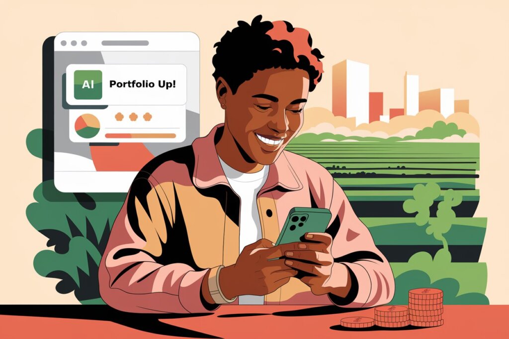 Beginner investor smiling at phone with AI advisor app, showing how to invest in AI-drive financial advisors in 2025 with ease and excitement.