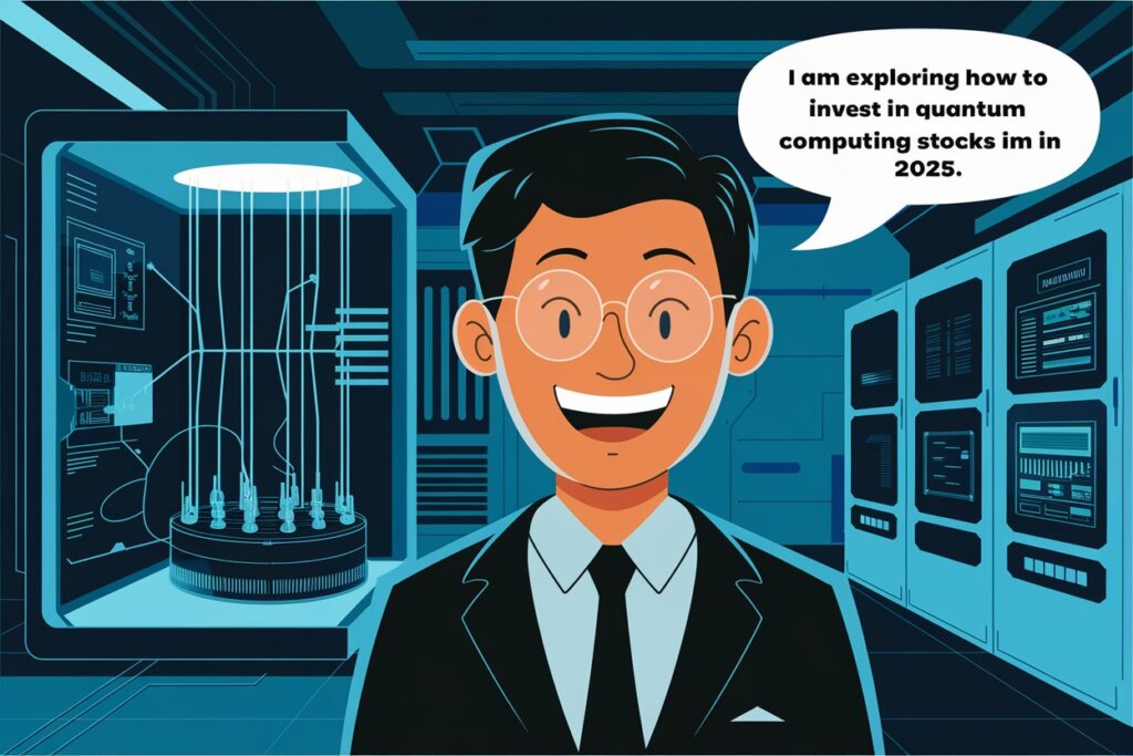 Beginner investor smiling with a quantum computing lab in the background, exploring how to invest in quantum computing stocks in 2025