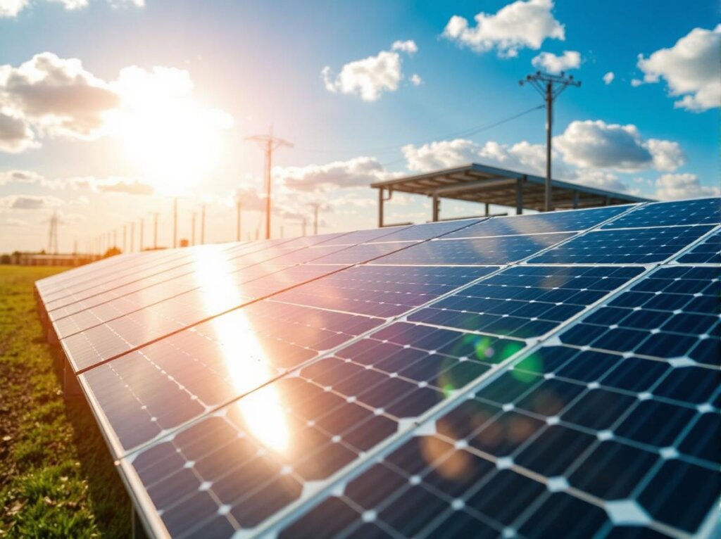 Solar panels in a microgrid setup with stock tickers, highlighting how to profit from microgrid energy stocks in 2025.
