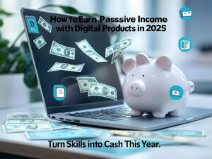 Laptop with digital products and money, titled How to Earn Passive Income with Digital Products in 2025, your guide to cash flow.