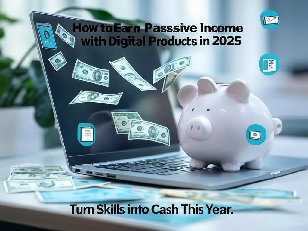 Laptop with digital products and money, titled How to Earn Passive Income with Digital Products in 2025, your guide to cash flow.